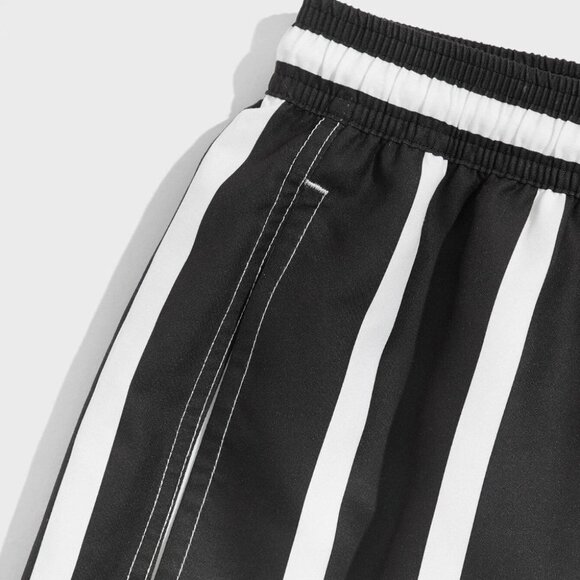 Black Vacation Style Striped Men's Swim Trunks - Picture 5 of 6